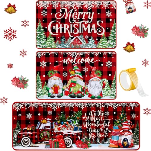 Drydiet 3 Pcs Christmas Kitchen Mat Washable Red Black Buffalo Plaid Kitchen Rug Non Slip Gnome Floor Mat Waterproof Farmhouse Xmas Doormat for Home Office Bathroom Party Holiday Decor - color: Red, style: Gnome