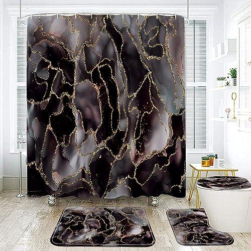 Purple Marble Shower Curtain with Bath Rugs Sets, 4 Pcs Marble Patterns with Gold Lines Bathroom Décor with Toilet Seat Cover Mats Absorbent Pedestal Pads and Waterproof Shower Curtains + Hooks - color: Purple 02