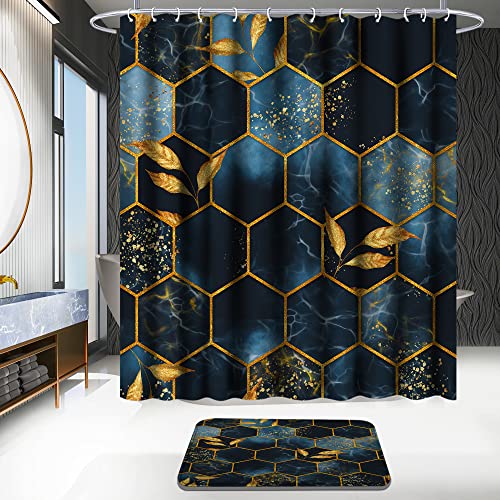 Poedist 4 Pcs Bathroom Shower Curtain Set,Bathroom Sets with Rugs(Bath Mat,U Shape and Toilet Lid Cover Mat) and 12 Hooks,Black and Blue Honeycomb Marble - color: Black Blue