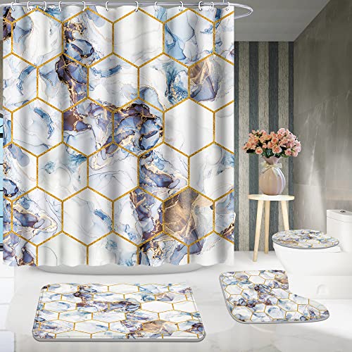 Poedist Shower Curtain Set with Rugs,Bathroom Accessory Set, Including Non-Slip Rugs,Toilet Lid Cover and Bath Mat, Waterproof Shower Curtain with 12 Hooks, Honeycomb Marble - color: White