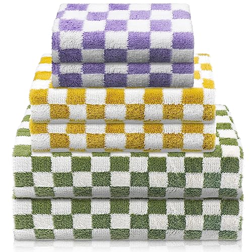 Kinlop 6 Pcs Checkered Bath Towels Set Back to School Lightweight Coral Washcloth Quick Dry Patterned Thin Coral Fleece Hand Towel for Bathroom Gym Spa Beach Accessory(Green, Yellow, Purple,Checkered) - color: Green, Yellow, Purple, style: Checkered