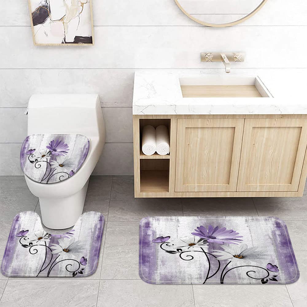 Rustic Farmhouse Bath Mat Set, Farm Purple Daisy Floral Flowers and Butterfly on Country Wooden Bathroom Mat Set with Non-Slip Bath Rug, Soft Toilet Lid Cover and Contour Mat, Grey(Purple) - color: Purple