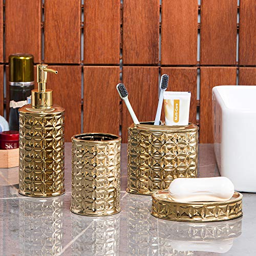 Gold Bathroom Accessory Set, 4-Piece Ceramic Bathroom Decorations Accessories Sets Includes Lotion Dispenser, Toothbrush Holder Tumbler and Soap Dish - color: Gold