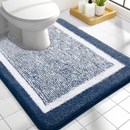 OLANLY Toilet Rugs U-Shaped 24x20, Extra Soft and Absorbent Microfiber Bathroom Rugs, Non-Slip, Machine Wash Dry, Plush Shaggy Contour Bath Mats for Toilet Base, Navy - color: Navy and White, size: 24" X 20" Contour Rug