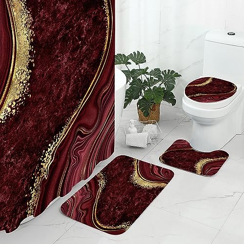 Gibelle 4 Pcs Luxury Marble Shower Curtain Set with Non-Slip Rugs, Toilet Lid Cover and Bath Mat, Gold Foil Red Bathroom Decor Set with Shower Curtain and Rugs and Accessories - color: Red