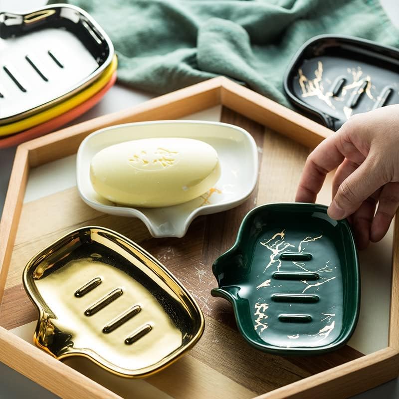 Multi-Color Ceramic Soap Dish for Kitchen or Bathroom, Easy to Clean, Self Draining Soap Holder, Keeps Soap Dry (Gold) - color: Gold