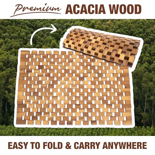 Acacia Wood Bath Mat - Non Slip Sturdy Wooden Shower Mat - Spa, Sauna, Cold Plunge, Camping, Bathroom Décor, Wood Door Mat 20" x 32" - size: 31.5" x 19.7" (Rectangular)