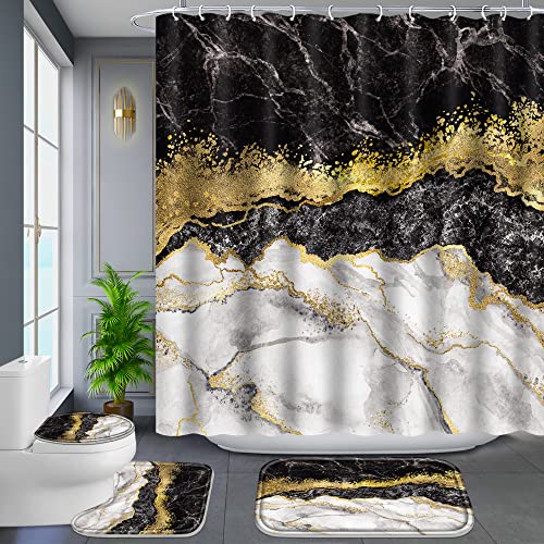 Poedist 4 Pcs Black and Gold Edge Marble Bathroom Shower Curtain Set, Bathroom Sets with Shower Curtain and Rugs(Bath Mat,U Shape and Toilet Lid Cover Mat) and 12 Hooks-Black - color: Black Yellow