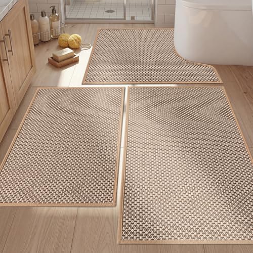 YIHOUSE Thin Bath Mat Khaki Bathroom Rugs Sets 3 Pieces, Non Slip Absorbent Bath Mats Quick Dry, Woven Braided Rugs Washable, Rubber Tapetes para Baño for Bathroom Toliet,Bathtub - color: Khaki, size: 3Pieces(17.5"x24"U+17"x24"+17"x32")