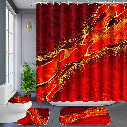 Poedist 4 Pcs Gold Edge Marble Bathroom Shower Curtain Set, Bathroom Sets with Shower Curtain and Rugs(Bath Mat,U Shape and Toilet Lid Cover Mat) and 12 Hooks-Red - color: Red Yellow