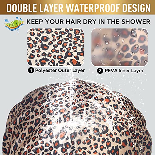 Shower Cap for Women, Oversized Waterproof Women Shower Caps, Extra Large Shower Cap Designed for all Hair Lengths with PEVA Lining & Adjustable Elastic Band Stretch Hair Cap for Shower - color: leopard print, size: X-Large