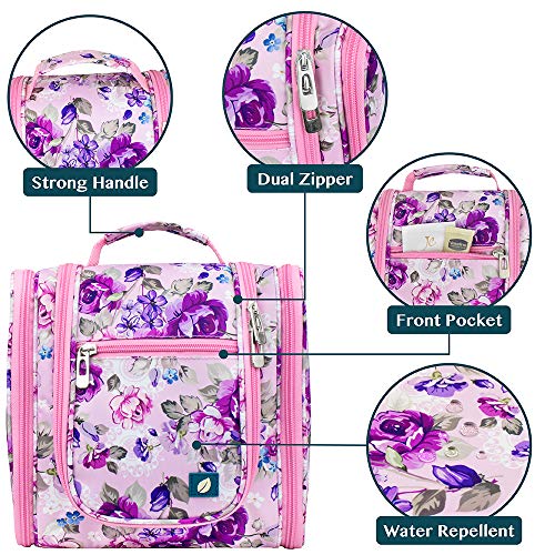 PAVILIA Toiletry Bag Travel Bag for Women Men, Hanging Cosmetic Organizer, Water Resistant Makeup Bag for Accessories Toiletries, Large Travel Essentials Kit (Floral Pink) - color: Floral Purple, size: Standard (9x4x9)