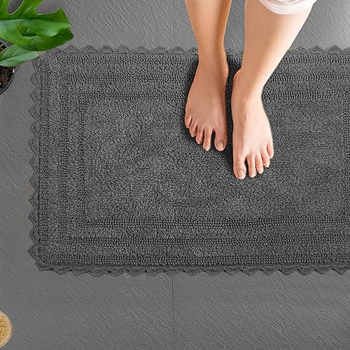 TreeWool 2-Pack Gorjeeus Collection Soft Reversible Bathroom Rug Cotton Bath Mat Set with Crochet Border - Rectangle (19" x 26"; Charcoal Grey) - color: Charcoal