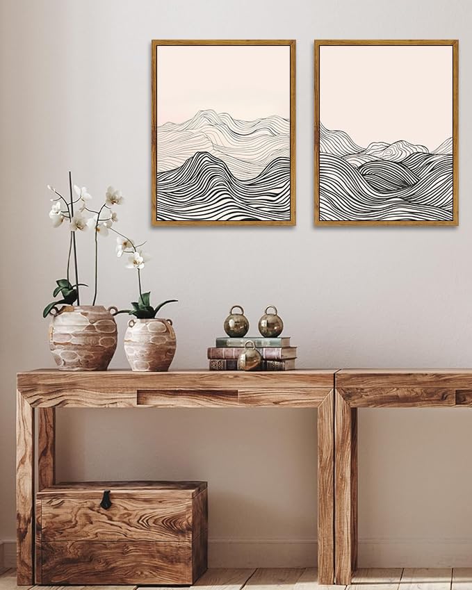 ARTZIO Framed Canvas Prints-Black and White Wall Art,Japanese Minimalist Abstract Ocean Wave Line Art,Vintage Retro Decor,Ready to Hang for Living Room,Bedroom,Bathroom & Office(16"x24") - color: 2-PCS-1, size: 16"x24"