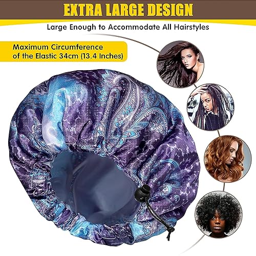Fishent Shower Cap, Large Shower Caps for Women Reusable Double Layer Waterproof, Adjustable Extra Large Shower Cap for Long Hair and Braids (Bluish violet) - color: Bluish violet, size: X-Large