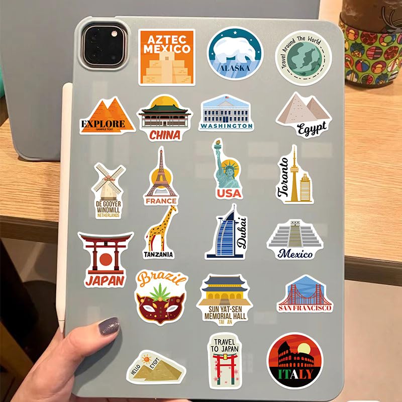 100 Pcs World Travel Stickers Set Cityscape Aesthetic Travel Map Sticker Vinyl Waterproof Stickrs for Water Bottles Laptops Bike Car Motorcycle Skateboard - style: Travel