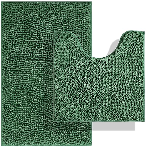 BOANKODU Bathroom Set - 2 Piece Soft Chenille Bath Rugs, Non-Slip, 32x20 + 20x20 Inch U Shape, Machine Washable (Dark Green) - color: Dark Green, size: 20" x 32" + 20" x 20" (U-Shape)