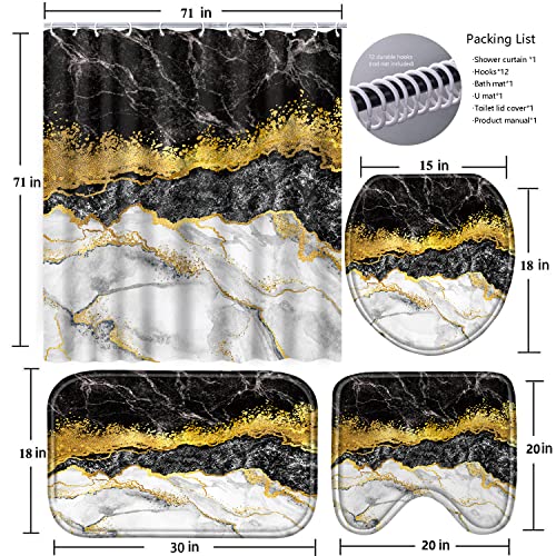 Poedist 4 Pcs Black and Gold Edge Marble Bathroom Shower Curtain Set, Bathroom Sets with Shower Curtain and Rugs(Bath Mat,U Shape and Toilet Lid Cover Mat) and 12 Hooks-Black - color: Black Yellow