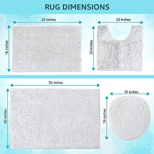 LuxUrux Bathroom Rugs Sets 4 Piece - Non-Slip Shaggy Chenille Mat Set - Includes U-Shaped Contour Toilet Mat, Lid Cover, 20x30'' and 16x24'' Bath Mat - White - color: White, size: 4 Piece Set
