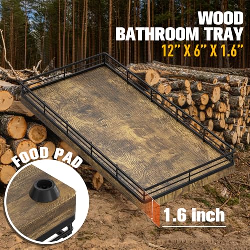 Bathroom Vanity Tray for Countertop, 12" x 6" Wood Toilet Tank Tray | Metal Guardrail, Bathroom Organizer for Soap, Perfume & Skincare, Non-Slip Decorative Tray for Dresser, Black & Rustic Brown - color: Rustic Brown, size: 12" x 6" x 1.5"