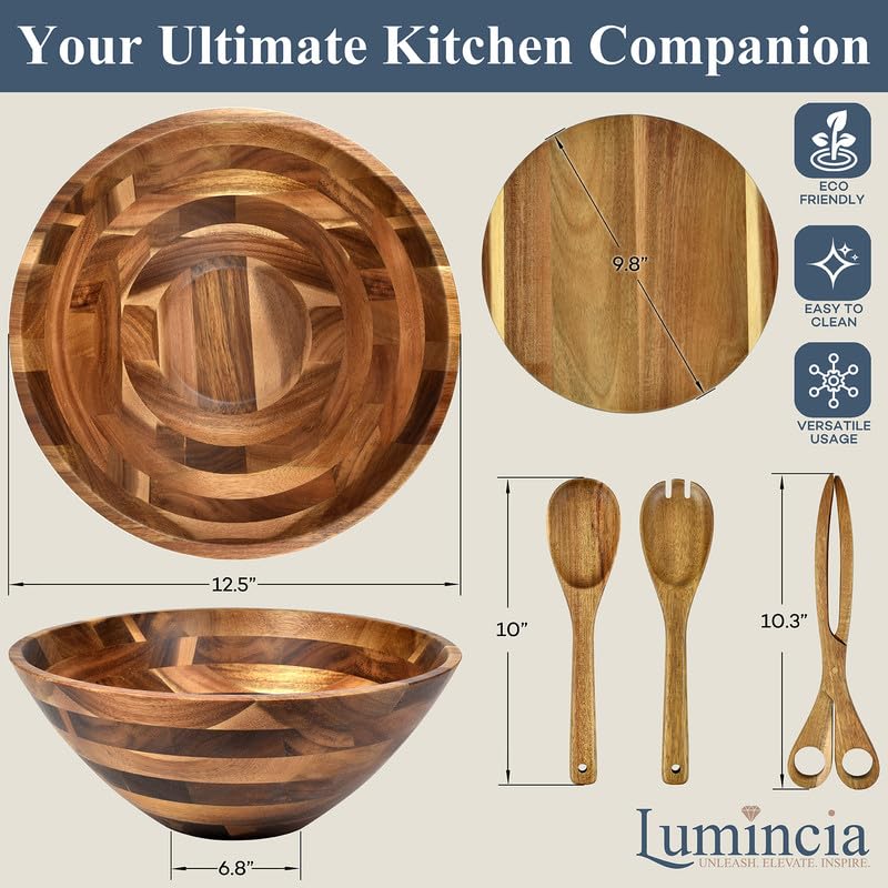 Premium Acacia Wood Salad Bowl Set – 12.5” Large Wooden Serving Bowl with Servers & Base Plate, 5-Piece Set