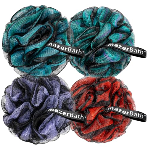 AmazerBath Charcoal Loofah Sponge, Shower Loofah 60g/PCS - Body Scrubber Loofa Set of 4 - Charcoal Blue, Green, Purple & Red, Bath Sponge for Men and Women - style: Charcoal Blue, Green, Purple & Red (60g)