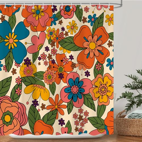 Retro Boho Floral Shower Curtain, Funky Hippy Cute Flowers Colorful Shower Curtains for Bathroom Decor, Waterproof Fabric Bath Curtain 72x72 Inch with 12 Hooks - color: Colorful, size: 72"W x 72"L (Pack of 1)