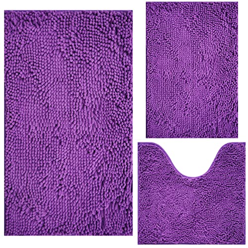 Bathroom Rugs Chenille 3-Piece Extra Soft and Absorbent Shag Bathroom Rugs, Machine Wash Mat, Strong PVC Non-Slip Underside, Plush Carpet Mats (Violet) - color: Violet, size: 2'8" x 1'8" (16x24"+20x32"+20x20"U shape）