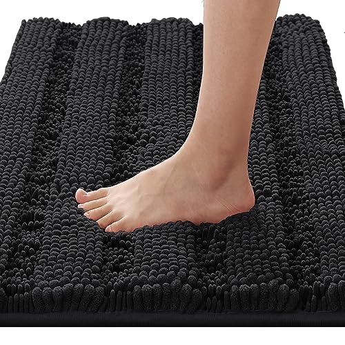 H.VERSAILTEX Bath Rugs for Bathroom Non Slip Bath Mats Extra Thick Chenille Striped Rug 20" x 32" Absorbent Non Skid Fluffy Soft Shaggy Washable Dry Fast Plush Mat for Indoor, Bath Room, Tub - Black - color: Black, size: 20" x 32"