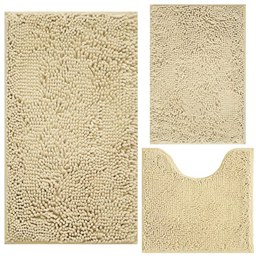 Bath Rugs Chenille 3-Piece Extra Soft and Absorbent Shag Beige Bathroom Rugs, Machine Wash Mat, Strong PVC Non-Slip Underside, Plush Carpet Mats (Beige) - color: Beige, size: 2'8" x 1'8" (16x24"+20x32"+20x20"U shape）