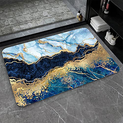 Diatomaceous Earth Bath Mat,Blue White Black and Gold Marble Non-Slip Volume Super Absorbent Fast Drying for Bathroom Kitchen Door mat,Eco-Friendly Easy to Clean 16×24Inch (40 * 60cm) - color: Blue White Black and Gold Marble, size: 1'4" x 2'0" (Rectangul
