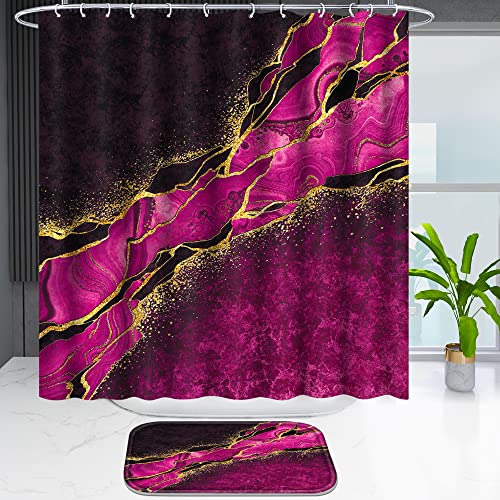 Poedist 4 Pcs Gold Edge Marble Bathroom Shower Curtain Set, Bathroom Sets with Shower Curtain and Rugs(Bath Mat,U Shape and Toilet Lid Cover Mat) and 12 Hooks-Rosy - color: Red Rose