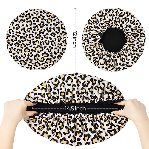 Shower Cap for Women Terry Lined Bath Cap Large Reusable Waterproof Elastic Band Leopard Shower Caps for Long Thick Hair Soft Bath Shower Hair Caps - color: Leopard Print Pattern