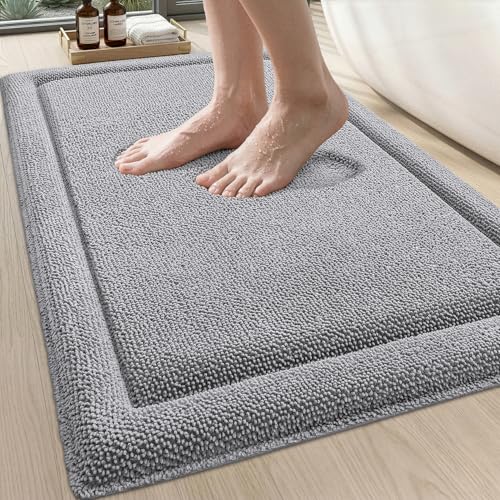 DEXI Memory Foam Bath Mat 24x17, Soft Absorbent Chenille Bathroom Rug, Non Slip Quick Dry Bath Mats for Bathroom, Thick Plush Floor Carpet for Tub Shower, Sink, Light Grey - color: Light Grey, size: 24" X 17" (Rectangular)
