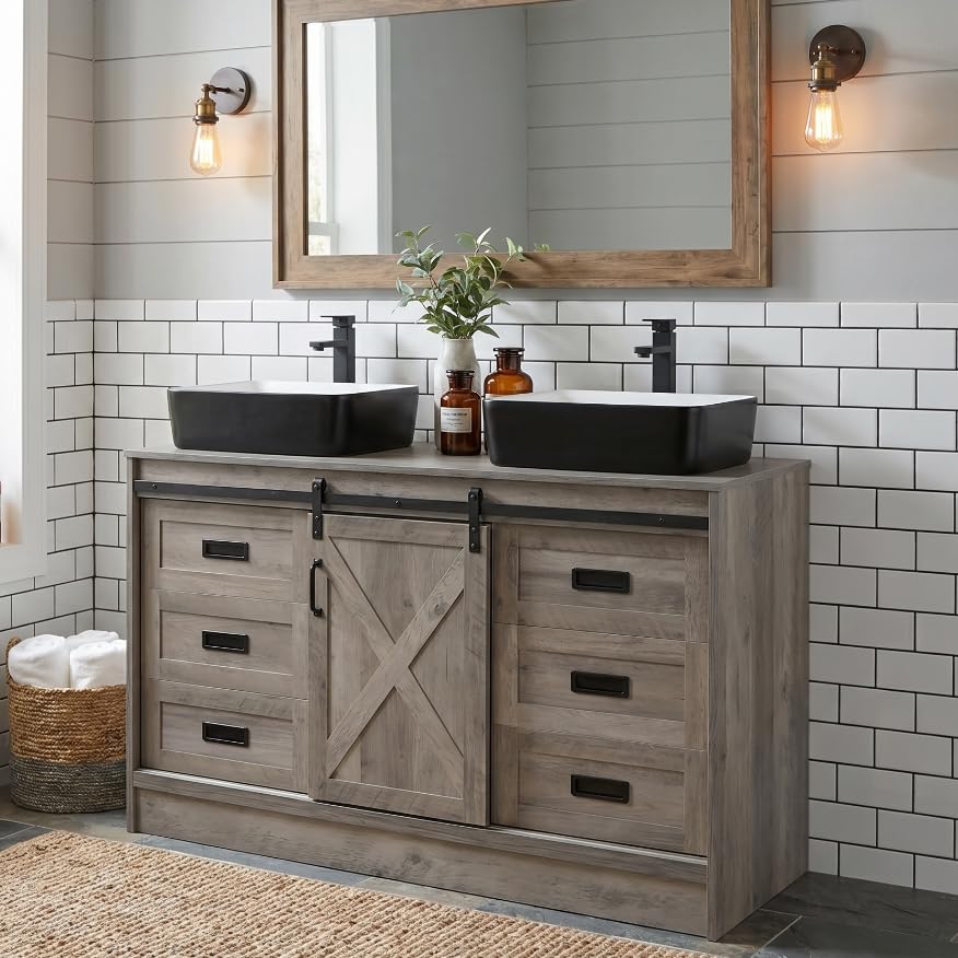 48” Barn Door Bathroom Vanity with 6 Drawers, Farmhouse Style Standing Pedestal Cabinet with Two Black and White Ceramic Sinks - color: Black and White Ceramic Sink, size: 48"