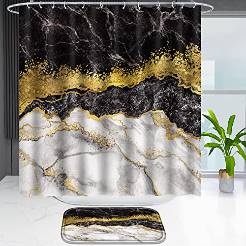 Poedist 4 Pcs Black and Gold Edge Marble Bathroom Shower Curtain Set, Bathroom Sets with Shower Curtain and Rugs(Bath Mat,U Shape and Toilet Lid Cover Mat) and 12 Hooks-Black - color: Black Yellow