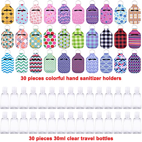 Duufin 60 Pcs Hand Sanitizer Holder Keychain Empty Travel Bottle Set | Including 30 Pcs Vibrant Hand Sanitizer Keychain Holder and 30 Pcs Reusable Flip Cap Empty Travel Bottles for Backpack Purse - color: Assorted Patterns