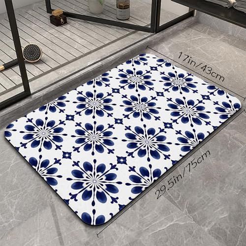 Navy Blue Geometric Bathroom Mat, Non Slip Rubber Backed Fast Dry Bath Rug, Thin Bath Mat for Bathroom Kitchen 17"x30" - color: Navy Blue Geometric