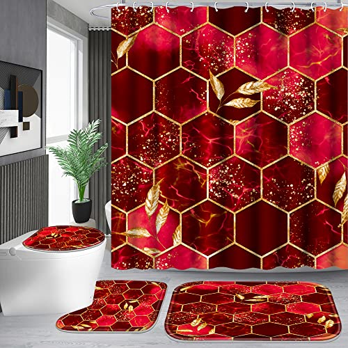 Poedist 4 Pcs Bathroom Shower Curtain Set,Red Honeycomb Marble Bathroom Sets with Rugs(Bath Mat,U Shape and Toilet Lid Cover Mat) and 12 Durable Hooks - color: Red