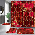 Poedist 4 Pcs Bathroom Shower Curtain Set,Red Honeycomb Marble Bathroom Sets with Rugs(Bath Mat,U Shape and Toilet Lid Cover Mat) and 12 Durable Hooks - color: Red