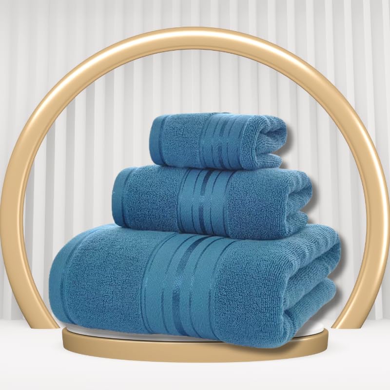 3-Piece Luxury Bath Towel Set, Super Soft Long-Staple Cotton, Bath Face and Hand Towels, Spa Hotel-Style for Bathroom and Daily Use (Blue)