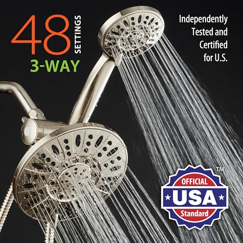 AquaDance 7" Premium High Pressure 3-Way Rainfall Combo with Stainless Steel Hose – Enjoy Luxurious 6-setting Rain Shower Head and Hand Held Shower Separately or Together – Brushed Nickel Finish - color: Brushed Nickel, style: 2.5 Gallons Per Minute