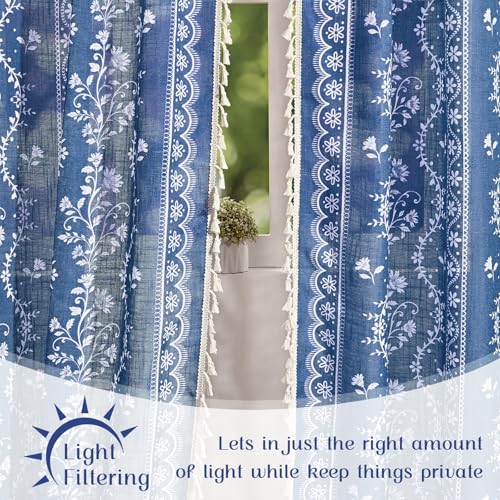Yinhua Boho Curtains for Living Room 63 Inch Length Vintage Linen Blue Curtains for Bedroom Light Filtering Floral Window Curtain Rod Pocket & Back Tabs Farmhouse Rustic Tassel Drapes with Tiebacks - color: Blue, size: 52"W x 63"L (Pack of 2)