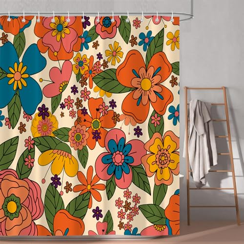 Retro Boho Floral Shower Curtain, Funky Hippy Cute Flowers Colorful Shower Curtains for Bathroom Decor, Waterproof Fabric Bath Curtain 72x72 Inch with 12 Hooks - color: Colorful, size: 72"W x 72"L (Pack of 1)
