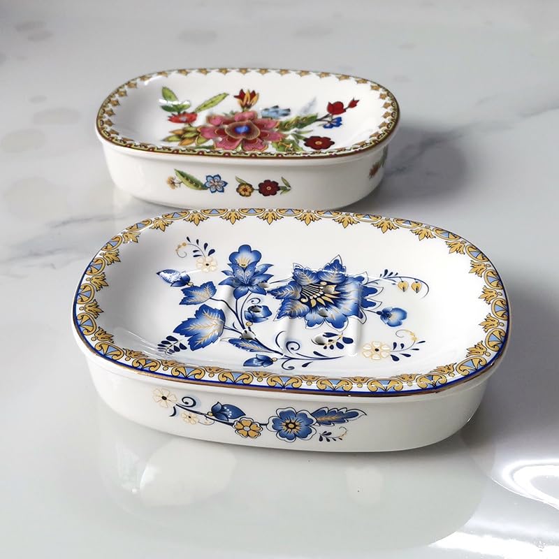 Self Draining Soap Dish, Double-Layer Bar Soap Tray, White Ceramic Soap Dish with Elegant Patterns (Style E) - color: Style E