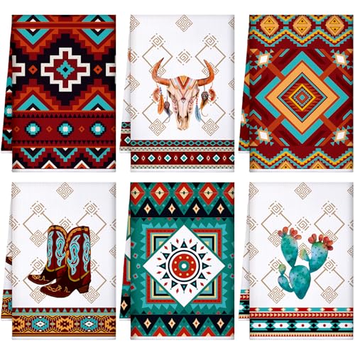 Boyiee Set of 6 Southwestern Kitchen Towels Boho Aztec Theme Dishtowel Native American Hand Tea Towels 24 x 16 Inches for Absorbent Kitchen Decor with Hanging Loop for Room Home Housewarming Gift - color: Western