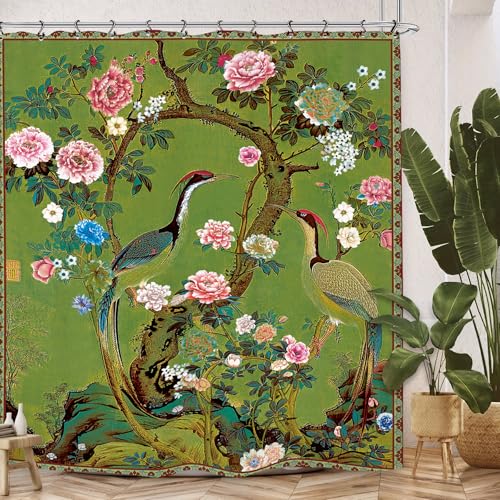 Vintage Flower Shower Curtain 60Wx72L Inch Crane Peony Vintage Retro Chinese Plant Botanical Green Blossom Japanese Art Bathroom Set Accessories Decor with 12 Pack Hooks - color: Green Art, size: 60"W x 72"L (Pack of 1)