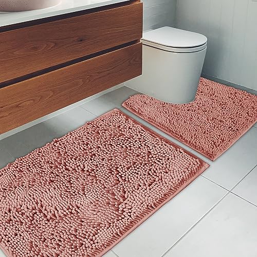 Bathroom Rugs Chenille Bath mat 2 Piece Set, Super Absorbent, Strong PVC Non Slip Backing, Bath mats for Bathroom, Plush Shaggy, Thick, Machine Washable, Bathtub, Toilet.(Deep Pink) - color: Deep Pink, size: 20''×20''U-Shape+20''×32''