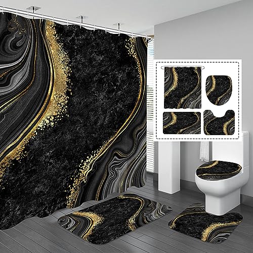 Gibelle 4 Pcs Luxury Marble Shower Curtain Set with Non-Slip Rugs, Toilet Lid Cover and Bath Mat, Black Gold Bathroom Decor Set with Shower Curtain and Rugs and Accessories - color: Black