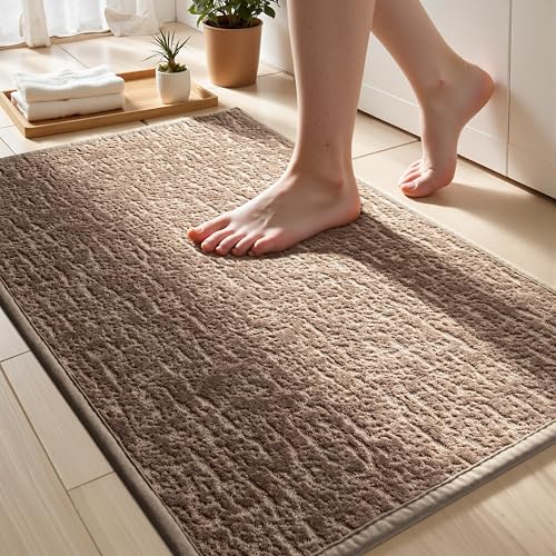 Washable Bathroom Rugs Ultra Thin Quick Dry Bath Mat Low Pile Coffee Bath Mats for Bathroom Non Slip Small Shower Rug Fit Under Door,17" × 24" - color: Coffee, size: Small(17"x 24")